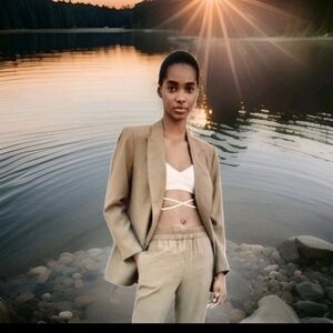 ZARA Women's Pre-owned Blazer with Rolled-up Slreves:Olive-green, US M